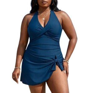 Blooming Jelly Plus Size 4XL One-Piece Swimsuit Ruched Blue Adjustable Back